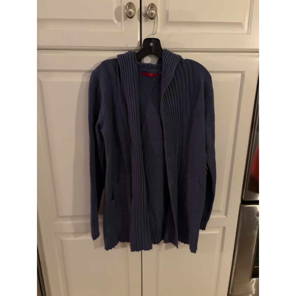 Red yummy  Yarn Hooded Cardigan Open Front Ribbed‎ Pockets Knitwear Medium